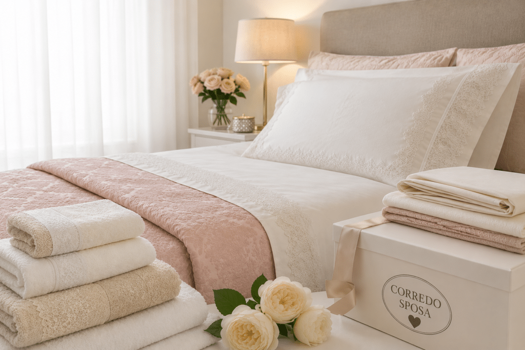corredo sposa con biancheria per la camera da letto elegante e coordinata