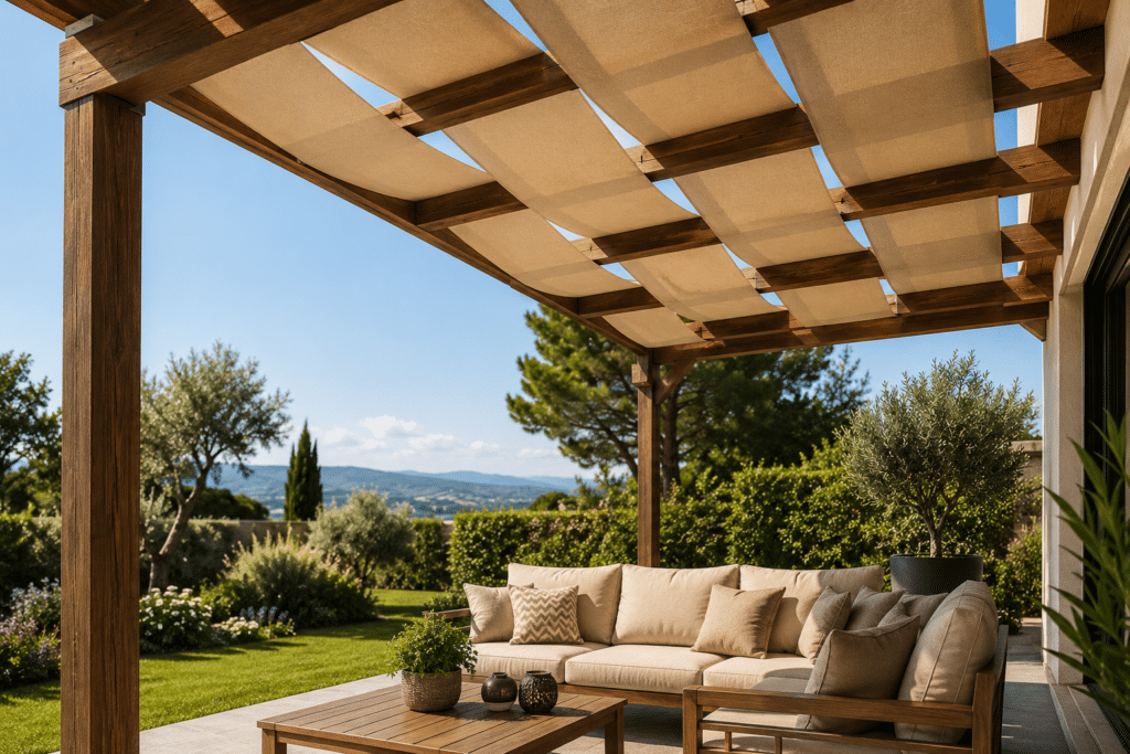 Pergolato con tenda da sole in tessuto impermeabile per giardino e area relax esterna