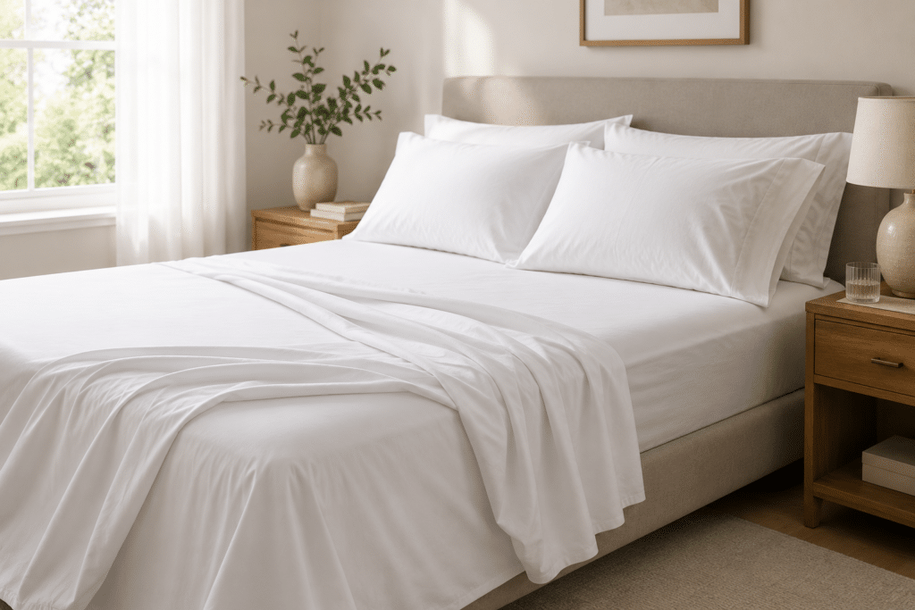 camera da letto elegante con lenzuola bianche di qualità