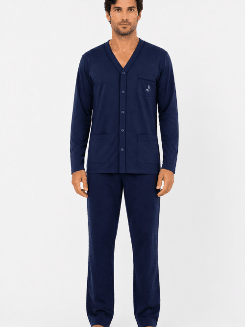 pigiama uomo Navigare cotone estivo blu con giacca e pantalone modello dettaglio taschino