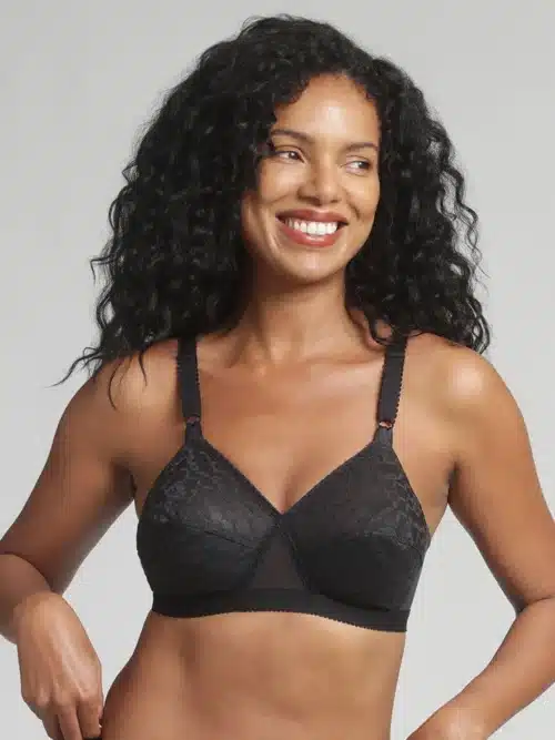 reggiseno senza ferretto playtex criss cross nero indossato front