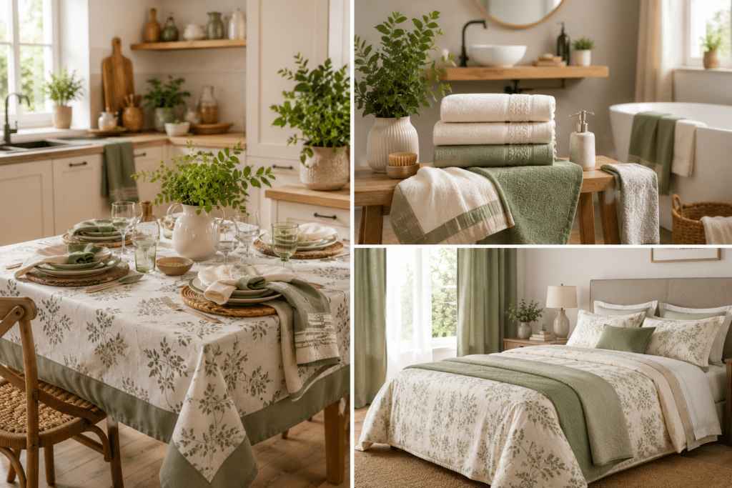 Biancheria casa cucina bagno letto Don Saro con tovaglia asciugamani lenzuola e tende coordinate
