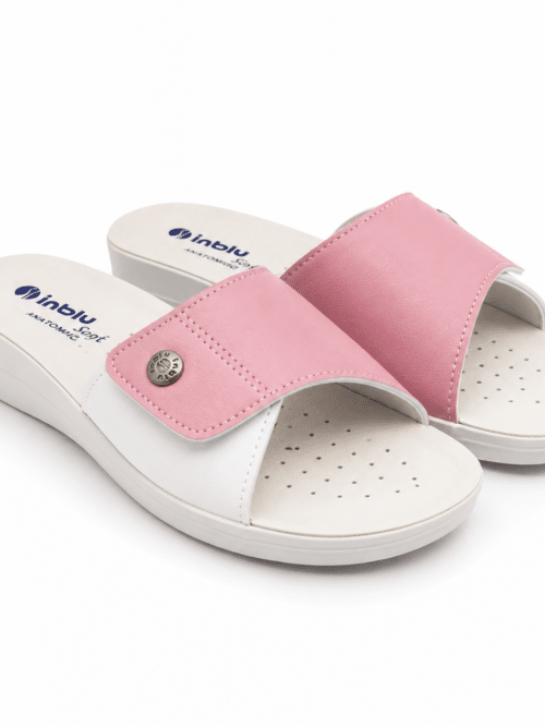 Ciabatta anatomica donna Inblu Soft rosa e bianco con plantare anatomico dettaglio fascia bicolore