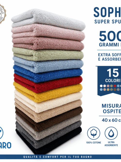 asciugamano ospite Sophie super spugna 500 grammi misura 40x60 morbido e assorbente dettaglio colori assortiti