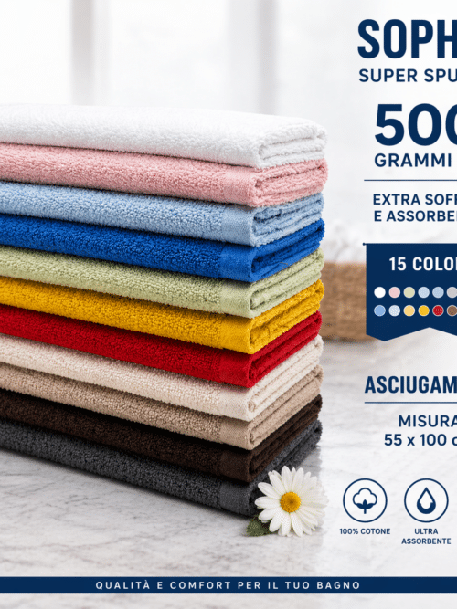 asciugamano Sophie super spugna 500 grammi misura 55x100 morbido e assorbente colori assortiti dettaglio piegato