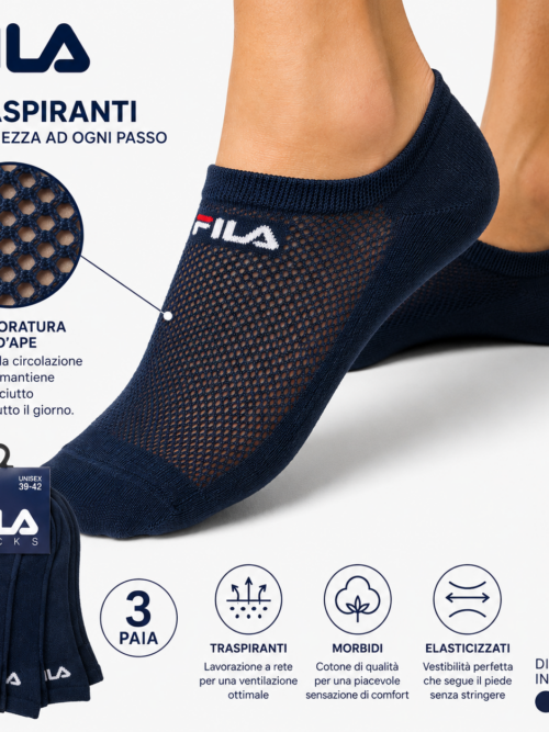 Pedulini pariscarpa unisex FILA traspiranti con microforatura confezione da 3 paia-colore-blu