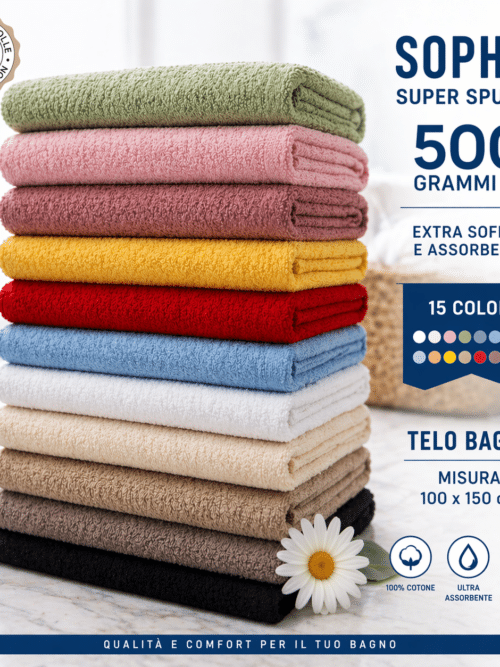 telo bagno Sophie super spugna 500 grammi misura 100x150 morbido e assorbente colori assortiti dettaglio piegato