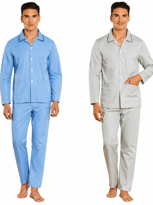 pigiama uomo cotone popeline giacca e pantalone aperto davanti blu avion cielo grigio perla
