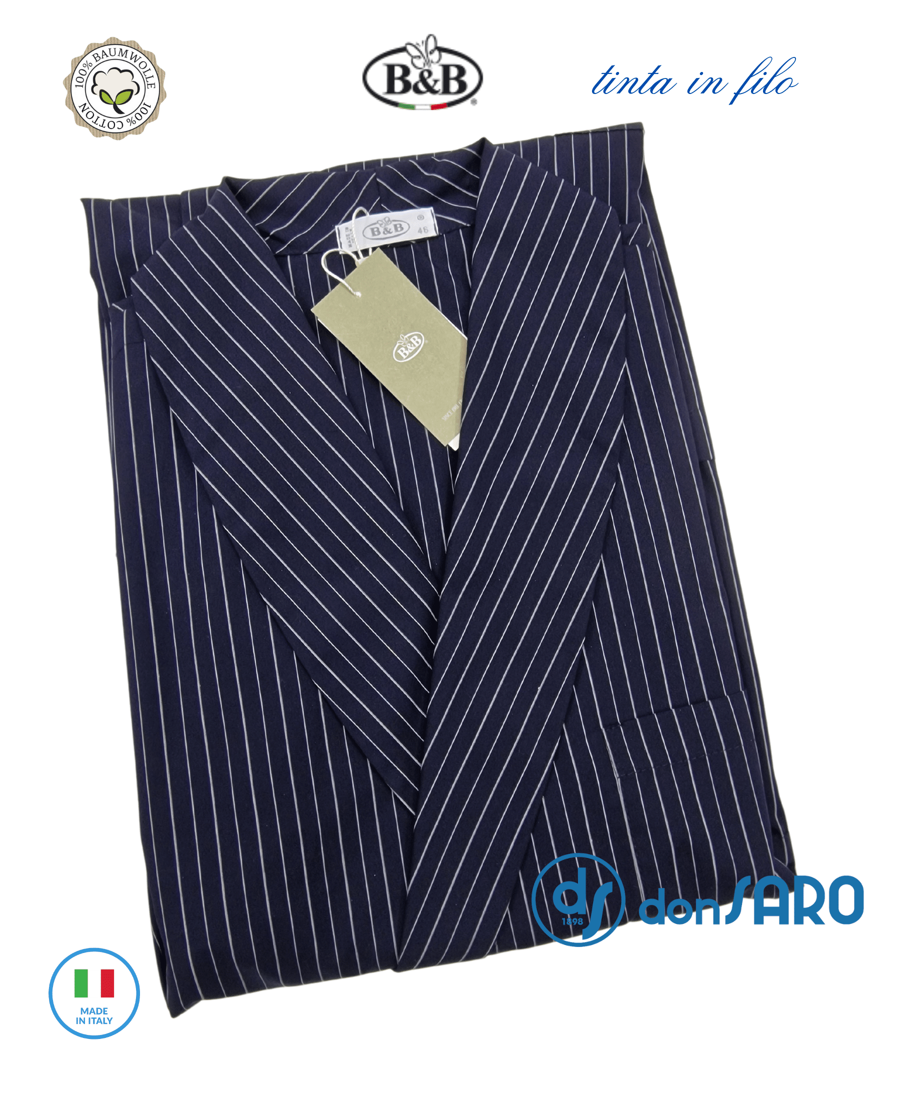 vestaglia uomo cotone tinto in filo bb made italia colore blu riga genova dettaglio
