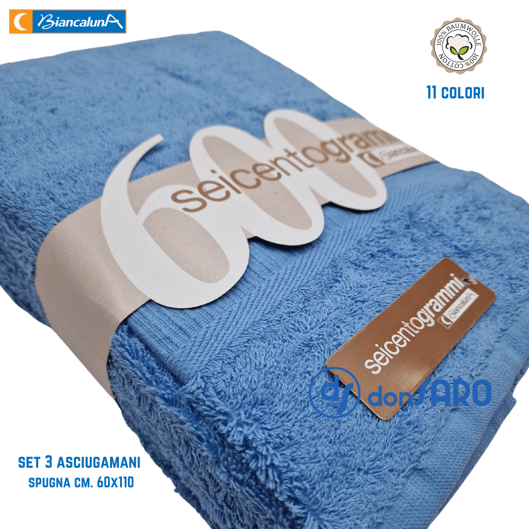 Set 3 asciugamani spugna 600 gsm cotone Biancaluna - immagine 6