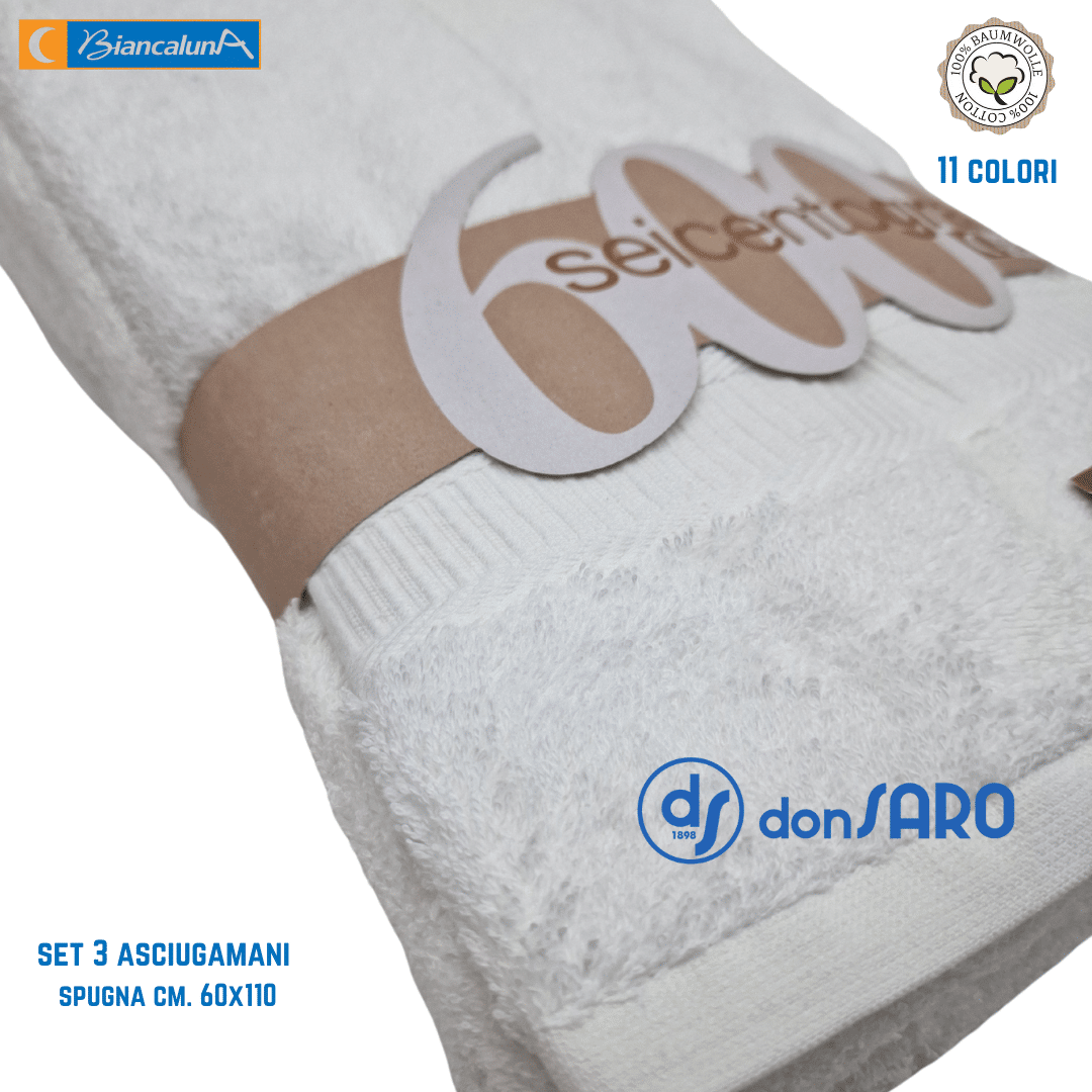 Set 3 asciugamani spugna 600 gsm cotone Biancaluna - immagine 3