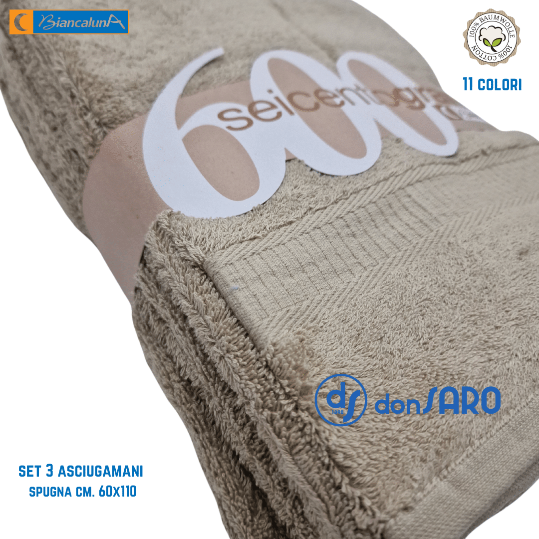 Set 3 asciugamani spugna 600 gsm cotone Biancaluna - immagine 10
