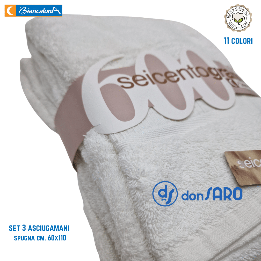 Set 3 asciugamani spugna 600 gsm cotone Biancaluna - immagine 11
