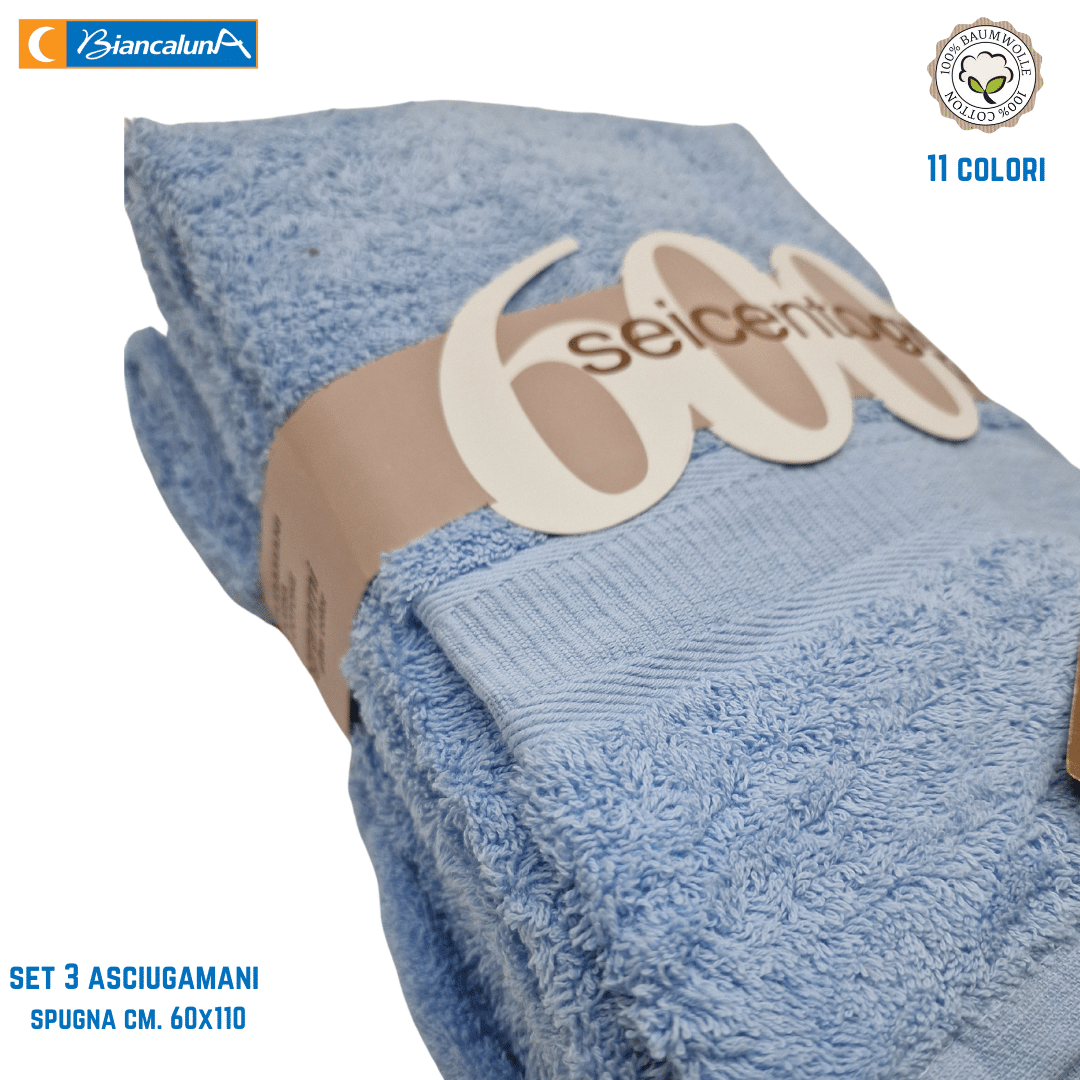 Set 3 asciugamani spugna 600 gsm cotone Biancaluna - immagine 2
