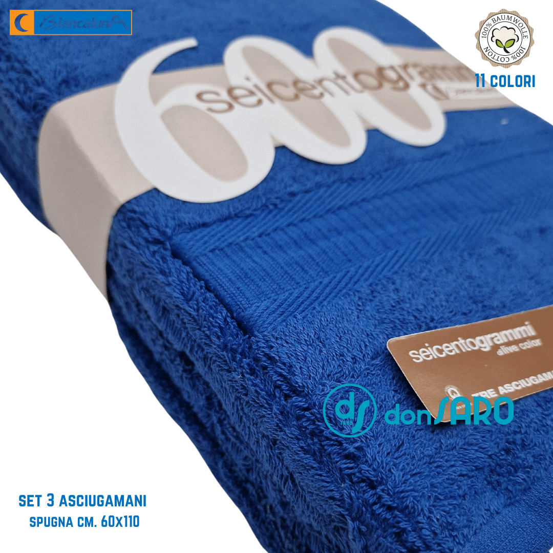 Set 3 asciugamani spugna 600 gsm cotone Biancaluna - immagine 4