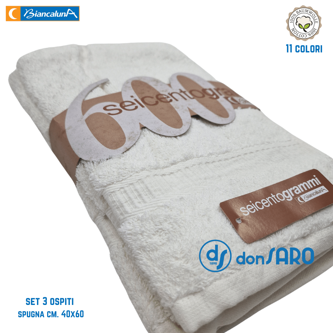 Set 3 asciugamani ospiti spugna 600 gsm cotone Biancaluna - immagine 5