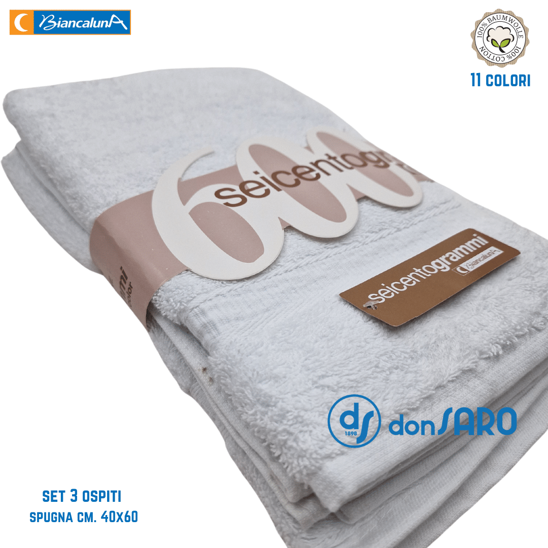 Set 3 asciugamani ospiti spugna 600 gsm cotone Biancaluna - immagine 2