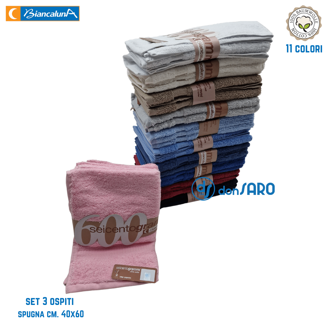 set asciugamani ospiti spugna 600 gsm cotone biancaluna colori assortiti