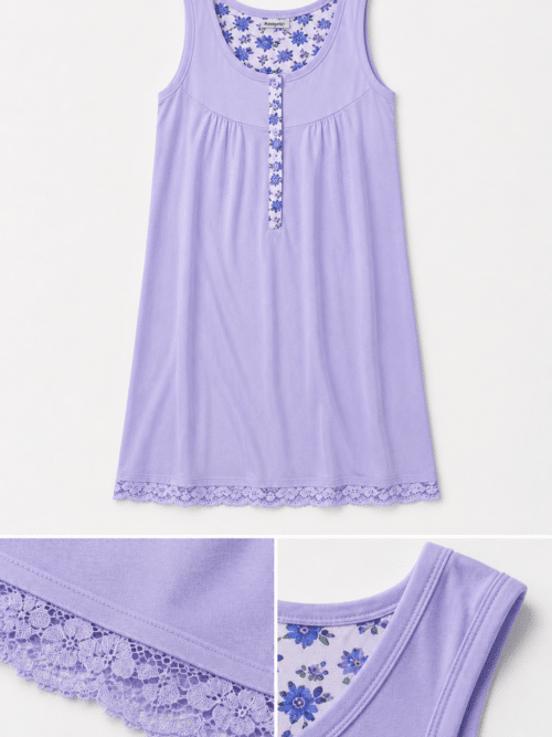Camicia da notte donna Karelpiù colore glicine in cotone jersey con spalla larga dettaglio pizzo sul fondo e inserti fantasia floreale dettaglio tessuto