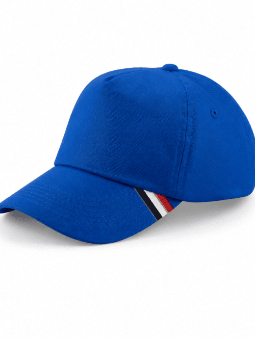 Cappellino uomo colore bluette con visiera curva dettaglio fascia tricolore blu bianco rosso stile casual estivo