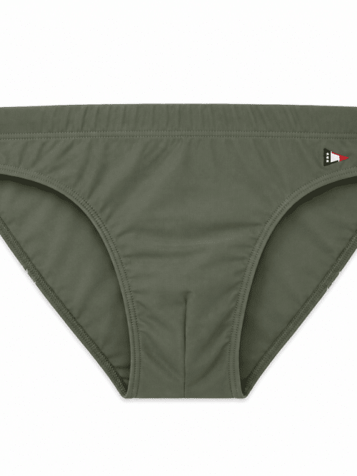 Costume slip mare uomo Scuola Nautica Italiana colore verde militare vista frontale con righe laterali e dettaglio logo nautico