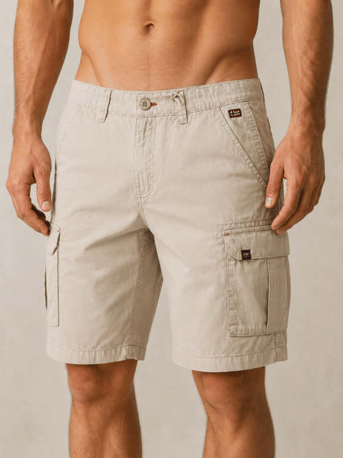 Bermuda cargo uomo Norway beige fronte con tascone dettaglio