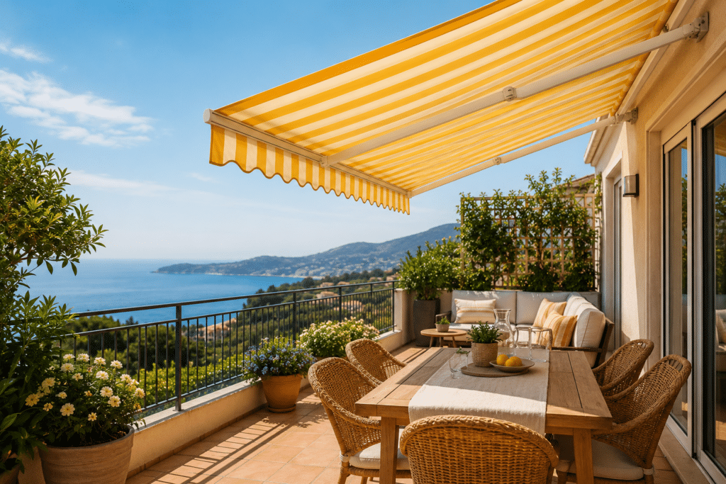 Tenda da sole aperta su terrazzo panoramico con area relax esterna