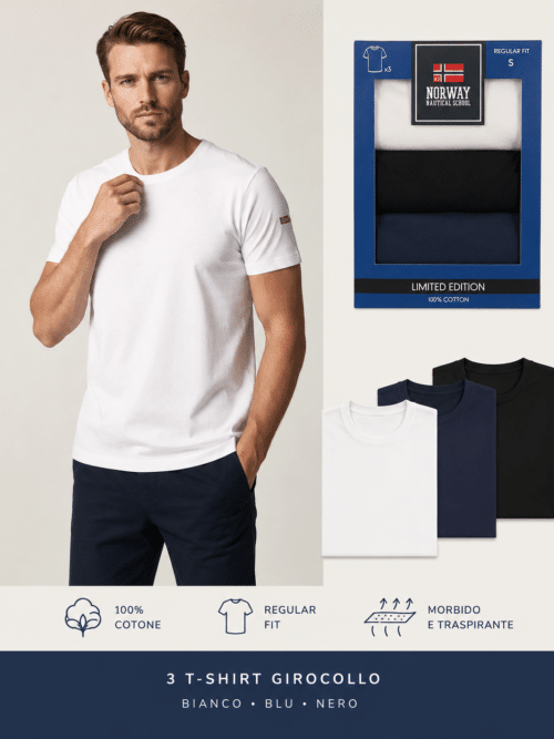 Tris t-shirt uomo girocollo Norway in cotone bianco blu e nero