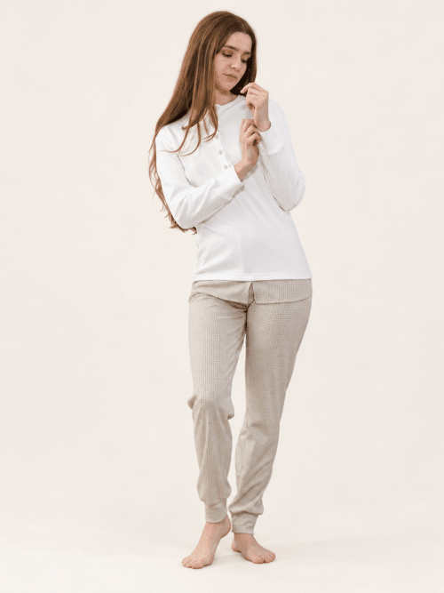 Pigiama donna Gary in caldo cotone interlock colore latte con pantalone lungo