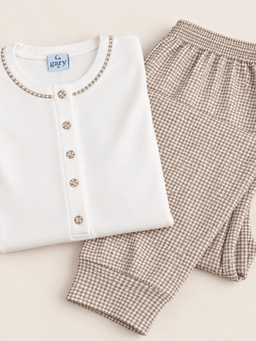Pigiama donna Gary in caldo cotone interlock colore latte con pantalone fantasia