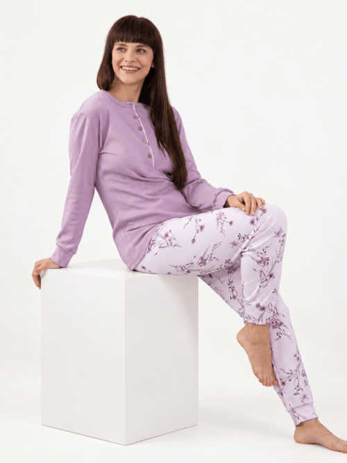 Pigiama donna Gary caldo cotone interlock colore lilla scuro