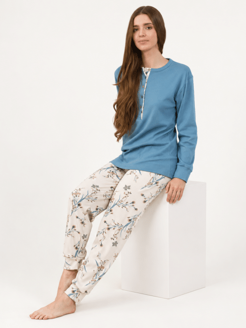 Pigiama donna Gary caldo cotone interlock colore ottanio