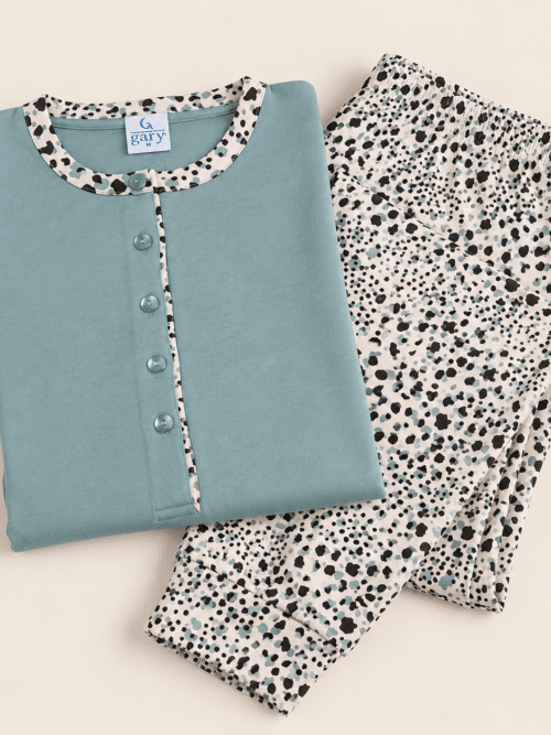 Pigiama donna Gary in caldo cotone interlock salvia chiaro con pantalone fantasia
