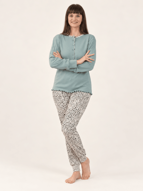Pigiama donna Gary in caldo cotone interlock verde salvia con pantalone fantasia